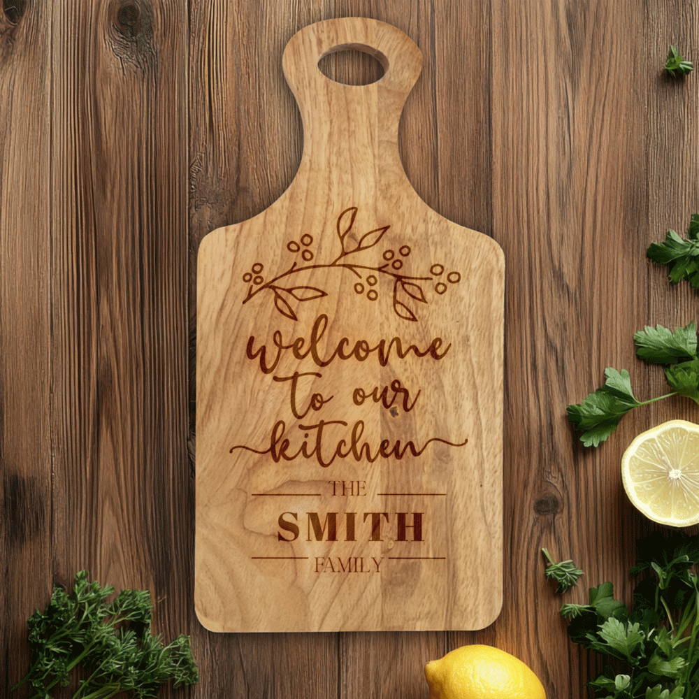Personalizable paddle-shaped serving board