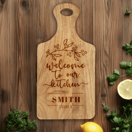 Personalizable paddle-shaped serving board